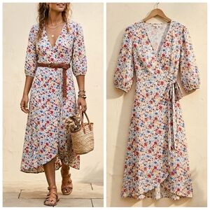 Charlie Holiday Floral Wrap Midi Dress in Ivory with Red & Blue Blossoms Size 6